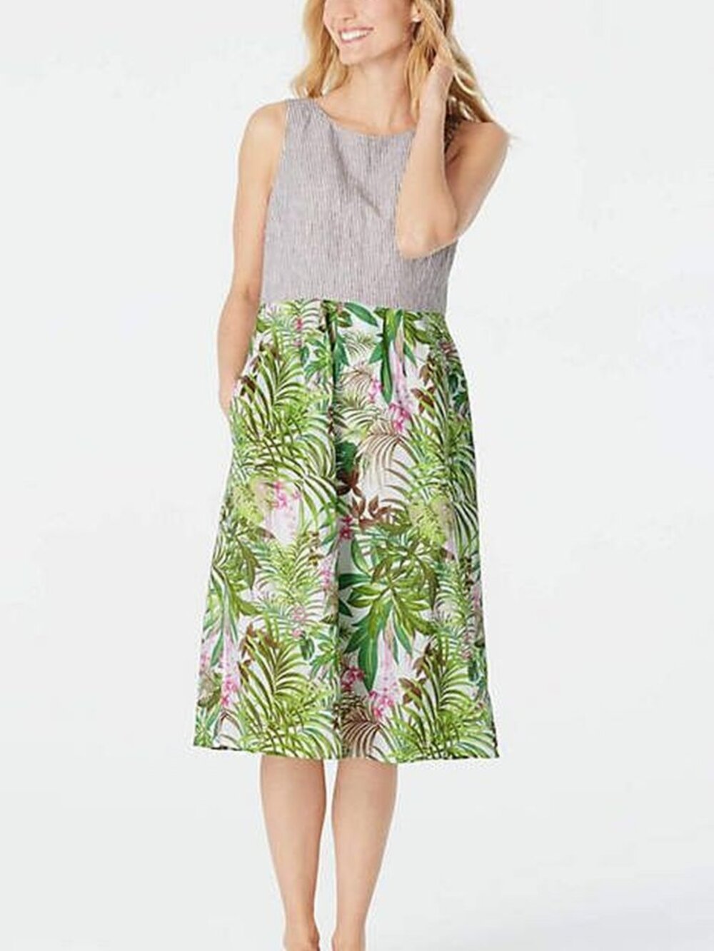J.Jill Linen Cotton Hawaiian Tropical Seersucker Dress M Sleeveless Pockets